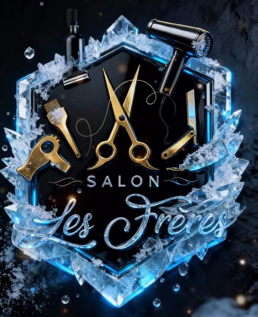 Salon Les Frères logo surrounded by ice with golden barber scissors and tools - winter haircut in Laval